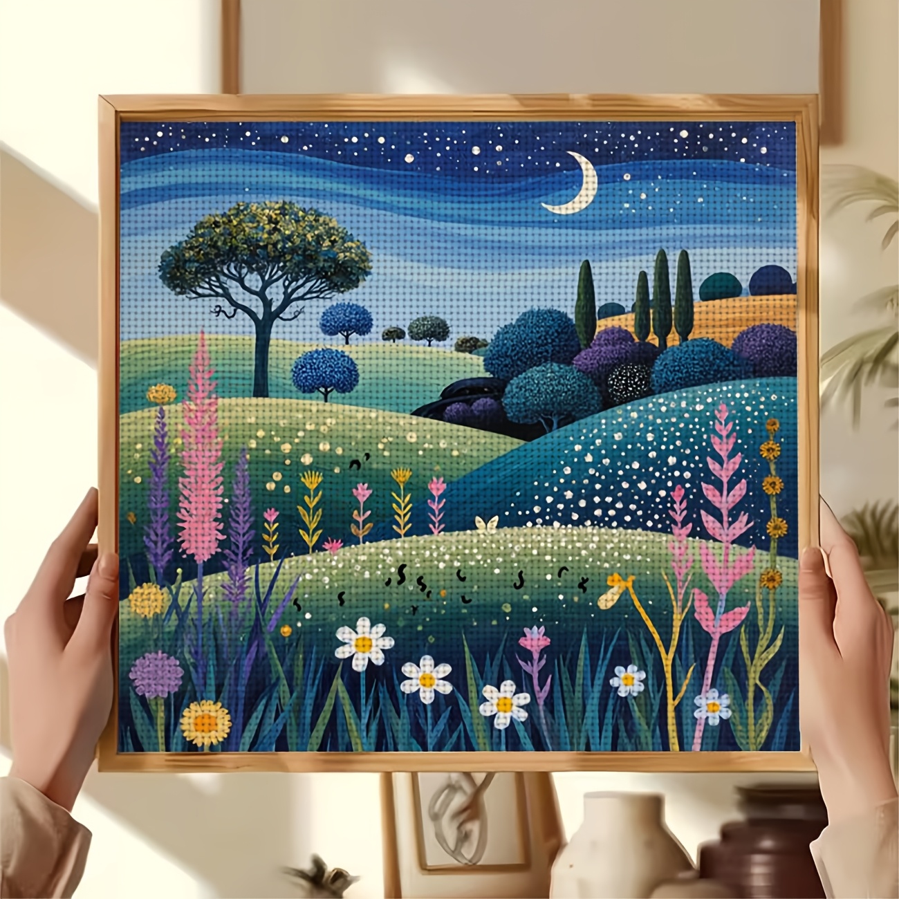 Cross Stitch Printed Kit, Frameless, Starry Night Flower Field Pattern