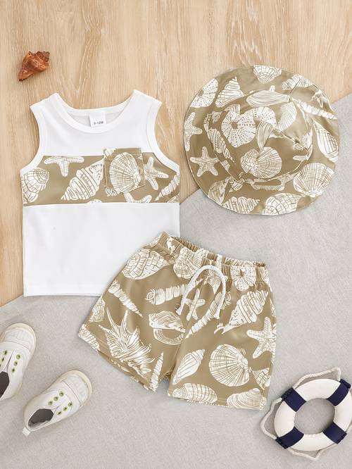 3pcs baby boy outfit and conch print crew neck vest elastic waist drawstring casual shorts free fisherman hat suitable for spring and summer for outdoor