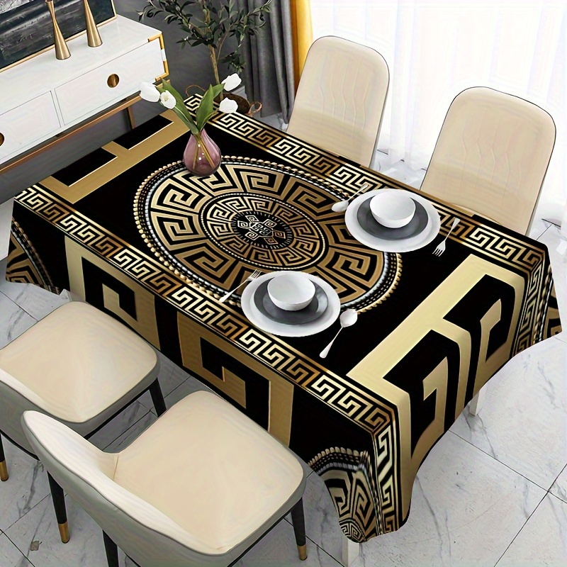 

Luxury Geometric Black & Metallic Print Tablecloth - Waterproof, Polyester Rectangular Cover For Dining & Home Decor, Sizes 35x55" And 55x78