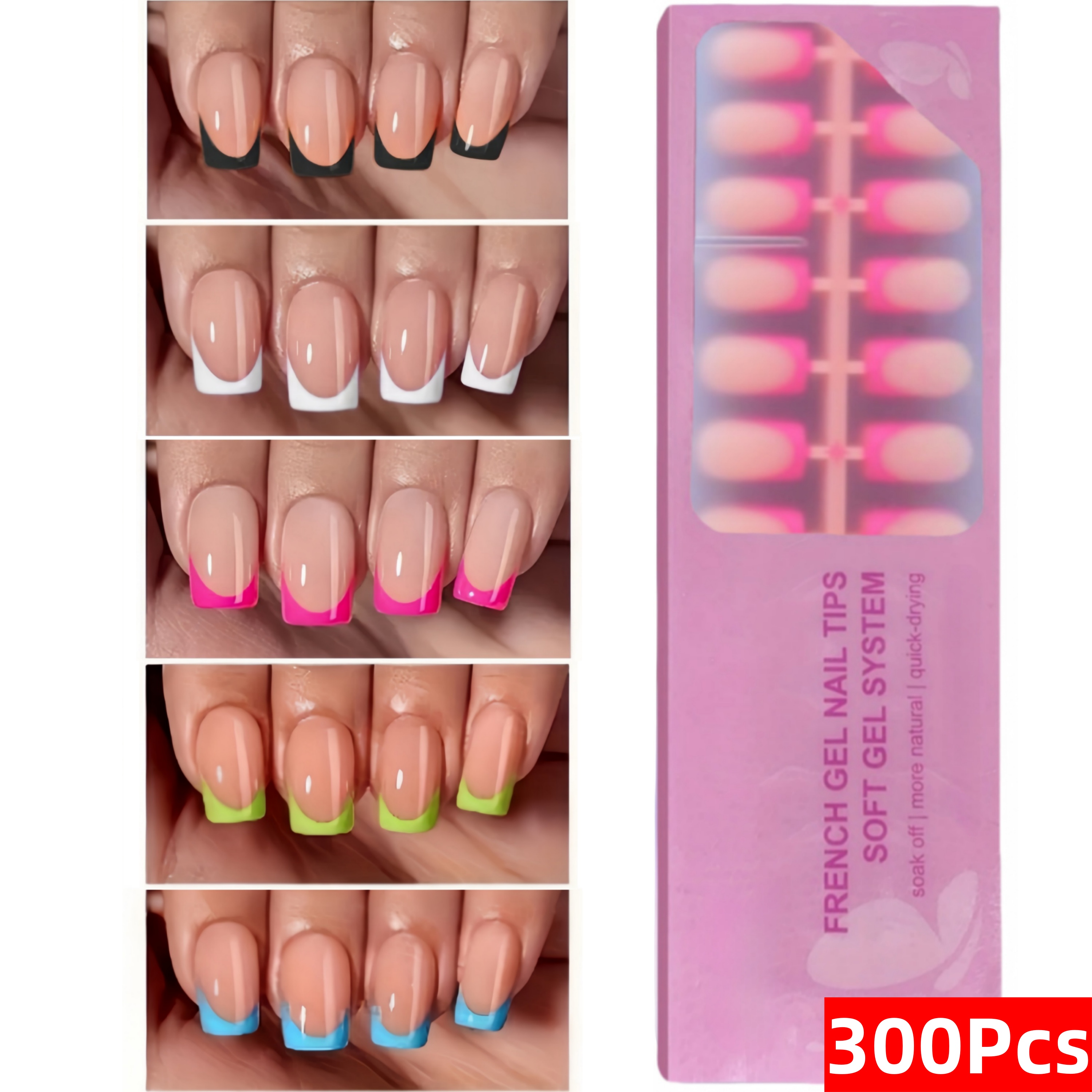 Image of 300pcs Short Square Press On Nail, Blue, Green, Pink, White, Black French Tip Soft Gel Nail Tips, Used As False Nails For Diy, Simple And Versatile Style In 15 Sizes Suitable For Women