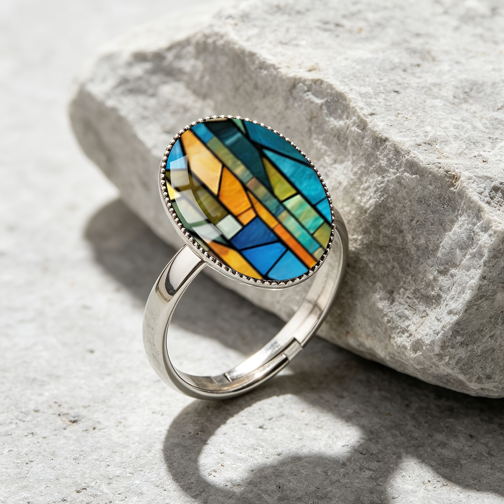 Women's Stained Glass Geometric Oval Open Ring, Classic Style