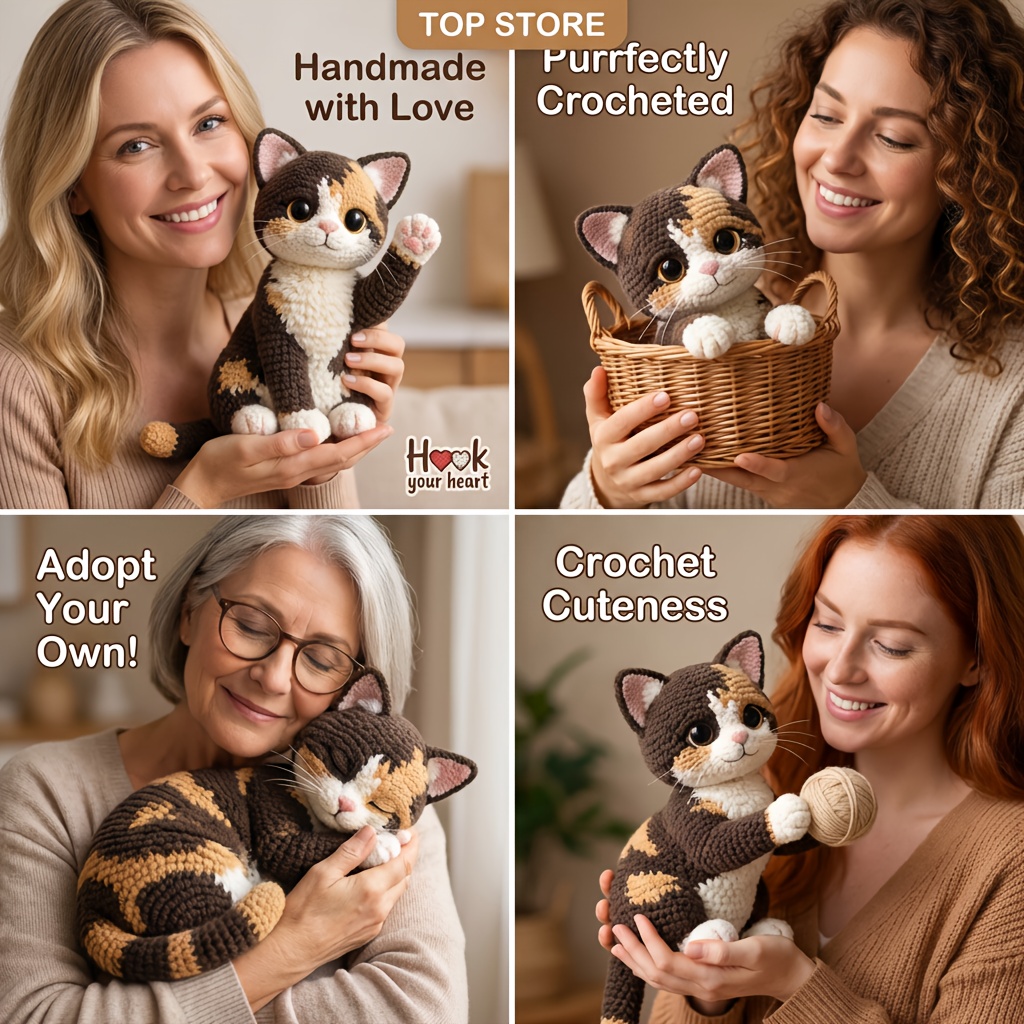 TEMU 1pc Calico Kitty Crochet Amigurumi Kit Suitable For Beginners With Pdf Tutorial & Materials Included - Diy Handmade Yarn Craft For Adults,