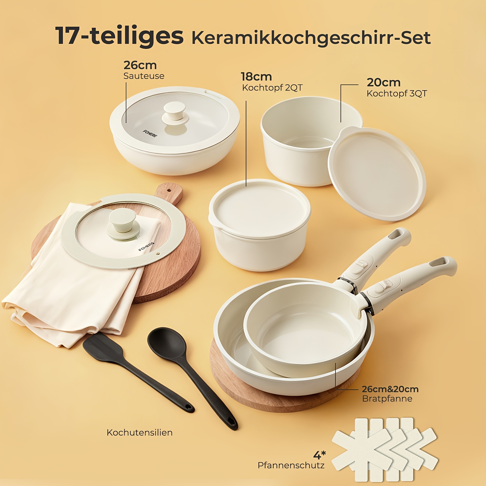 E-shop Antihaft 17-teiliges Topf- und Pfannen-Set, Küchenkochgeschirr mit abnehmbarem Griff, Induktions--Kochgeschirr-Set mit abnehmbarem Griff,