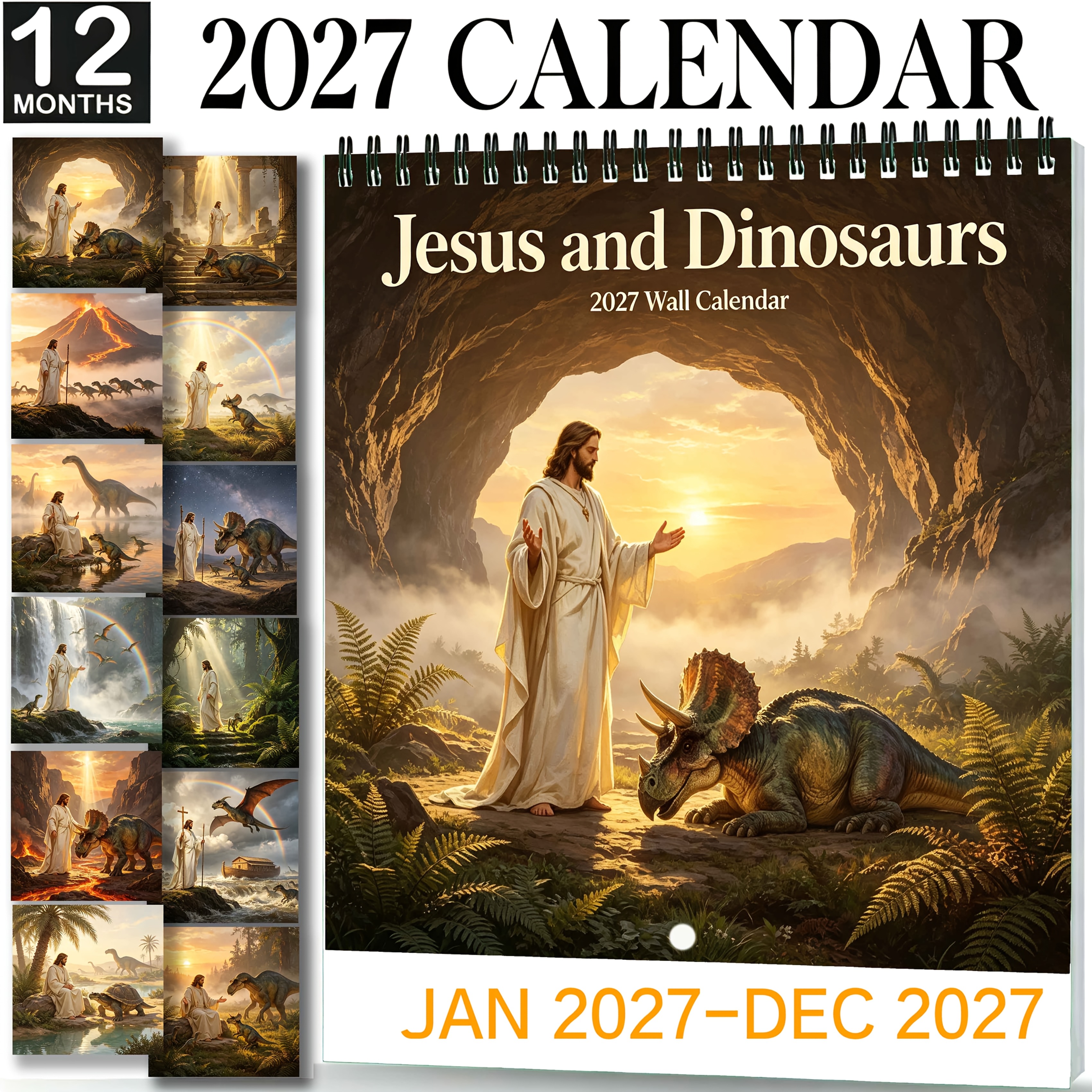 TEMU 2027 Wall Calendar, Hanging Calendar 21*, Jesus And Dinosaur Themed Wall Calendar. Suitable For Moms, Women, Teachers, Colleagues, Home, Office,
