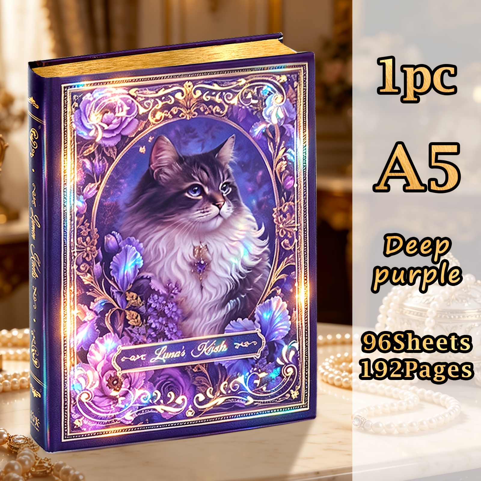 TEMU 1pc/2pcs, A5, 192 Pages, Purple Cat Luxury Hardcover Notebook, Edge Spraying Process, Laser Hot Stamping Cover, Horizontal Line Diary, Portable