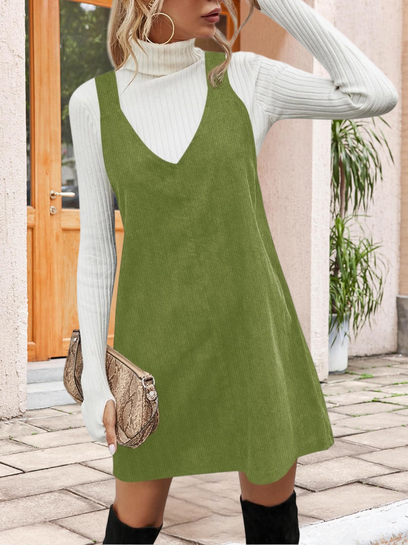 green solid corduroy overall dress front pockets - Temu