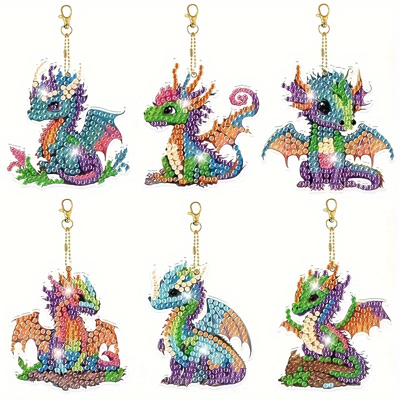 

6-pack Diy Diamond Painting Keychain Kits With Irregular Shaped Acrylic Beads - Dragon Design, Handmade Craft Set For Party Favors & Backpack Charms