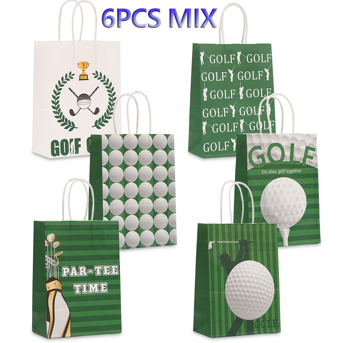 TEMU 6pcs Golf Sports Theme Gift Packaging Bags, White And Paper Bags, Golf Ball And Golf Club Pattern Printed Handbags, Suitable For Sports Theme