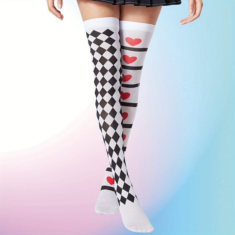 1 Pair Dark Heart-shaped Diamond-patterned Over-the-knee All-match Tights