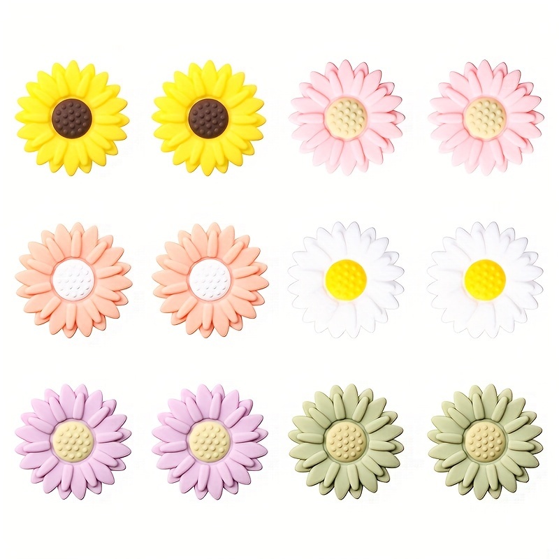 

12pcs Fashion Sunflower Daisy Silicone Beads For Jewelry Making, Keychain Accessories, Plant-shaped Round Beads, Food-grade Material Beading Kit