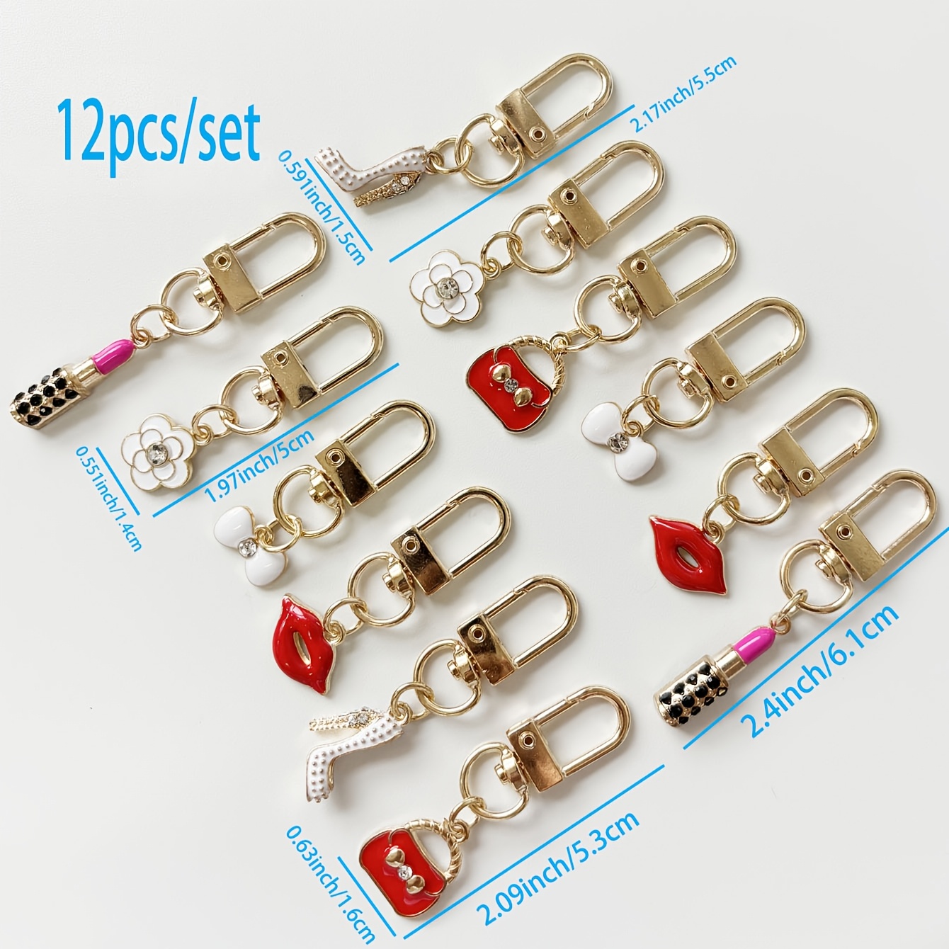 Image of 12pcs Of High Heels, Lip Bags, Lipstick, Rose, Keychains - Women's Fashion Bags And Backpack Pendants - Lobster Clasp - Suitable For Valentine's Day Gifts And Decorations, Daily Use Gifts For Women