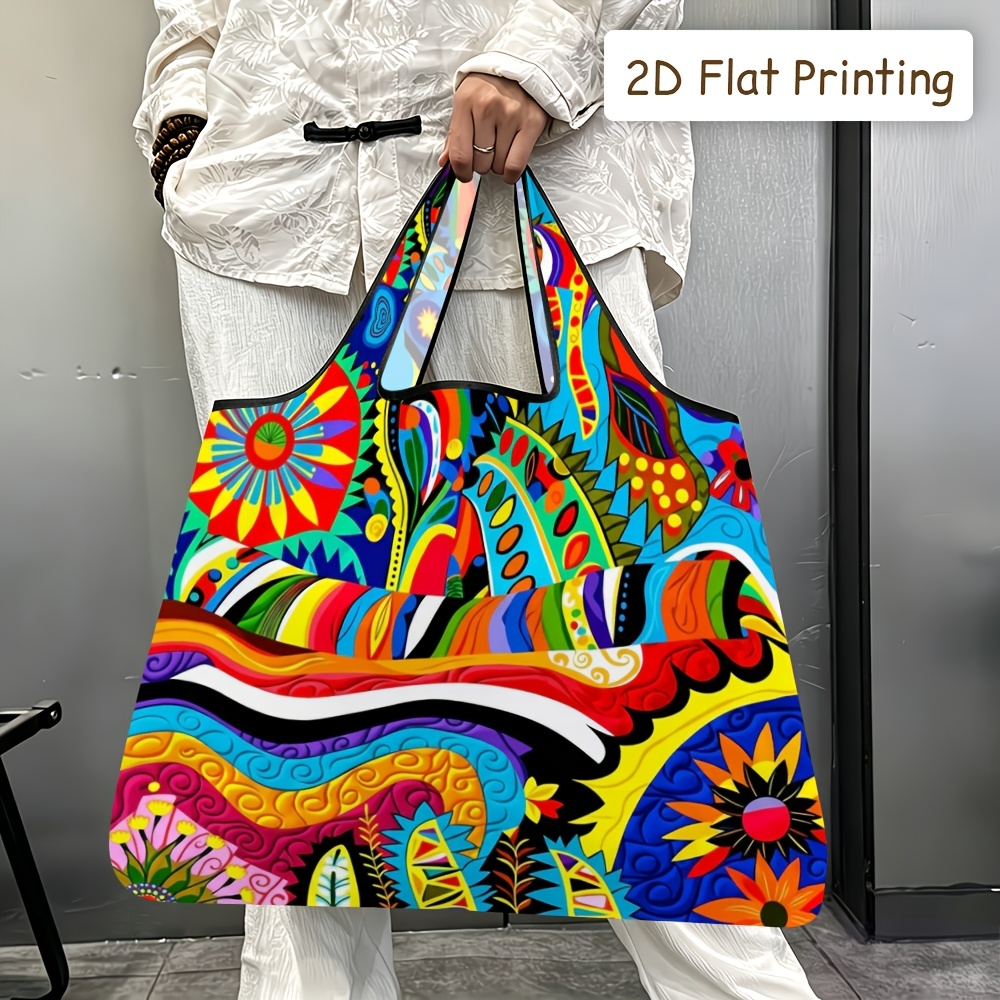 TEMU 2d Flat Printing, 1pc Foldable Tote Bag, Vibrant Colorful Abstract Ethnic Bohemian Decorative Pattern Quilted Printed Tote Bag, Soft-shouldered,