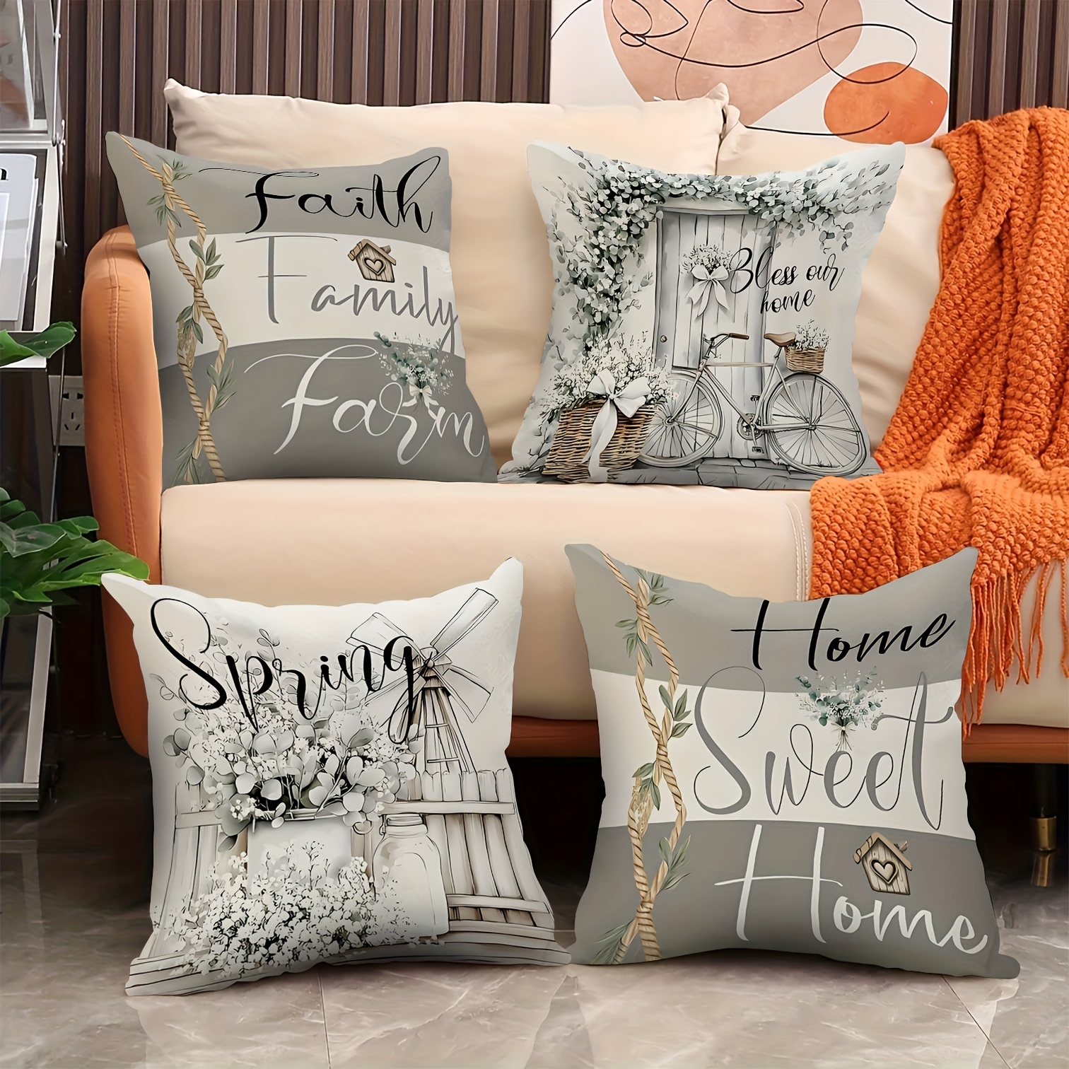 2d Flat - 4pcs Of Country Style Pillowcases, 2d High-definition Printing With "" And Pastoral Elements, Zipper Closure, Single-sided Printing, Excluding