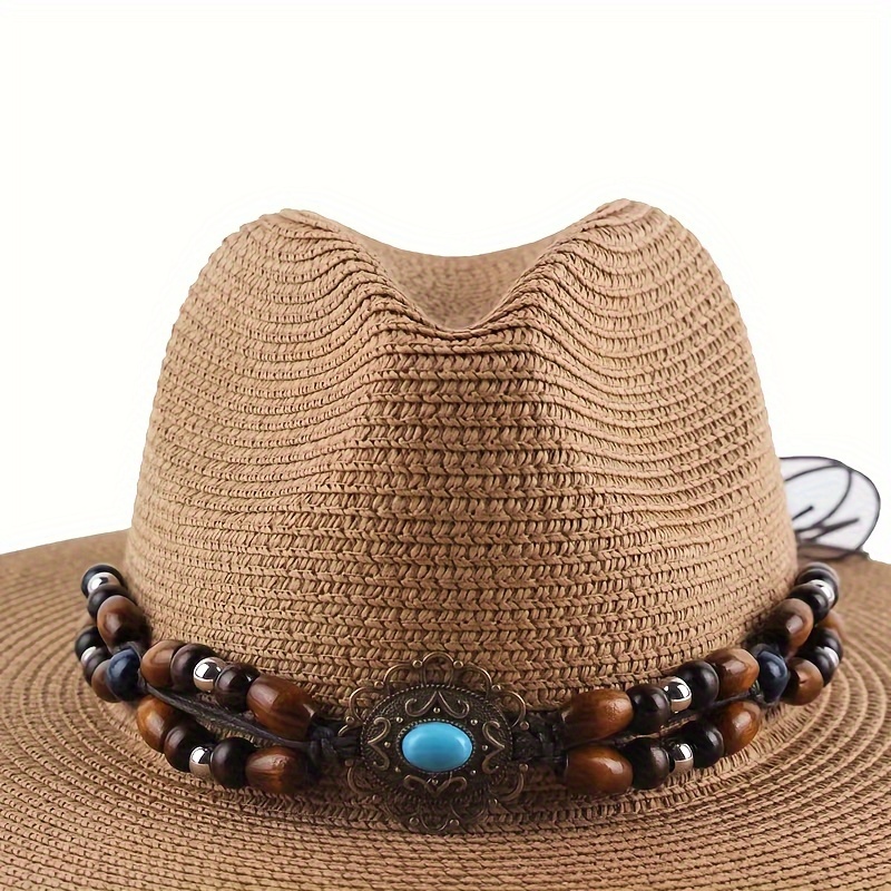 Braided Trim Wide Brim Hat, Shell Beads Decor Sun Protection Vacation Fashion Straw Hat for Women,Temu