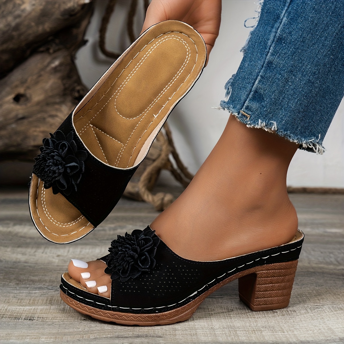 Women's Retro Floral Embellished Mid-Heel Slide Sandals - Slip-On Open-Toe Synthetic Cover Weddings, Parties & Daily Beige Footwear, Dressy Shoes, Wedding Party Footwear, Decorative Flower Design, Durable Rubber Sole, Allseason Wear