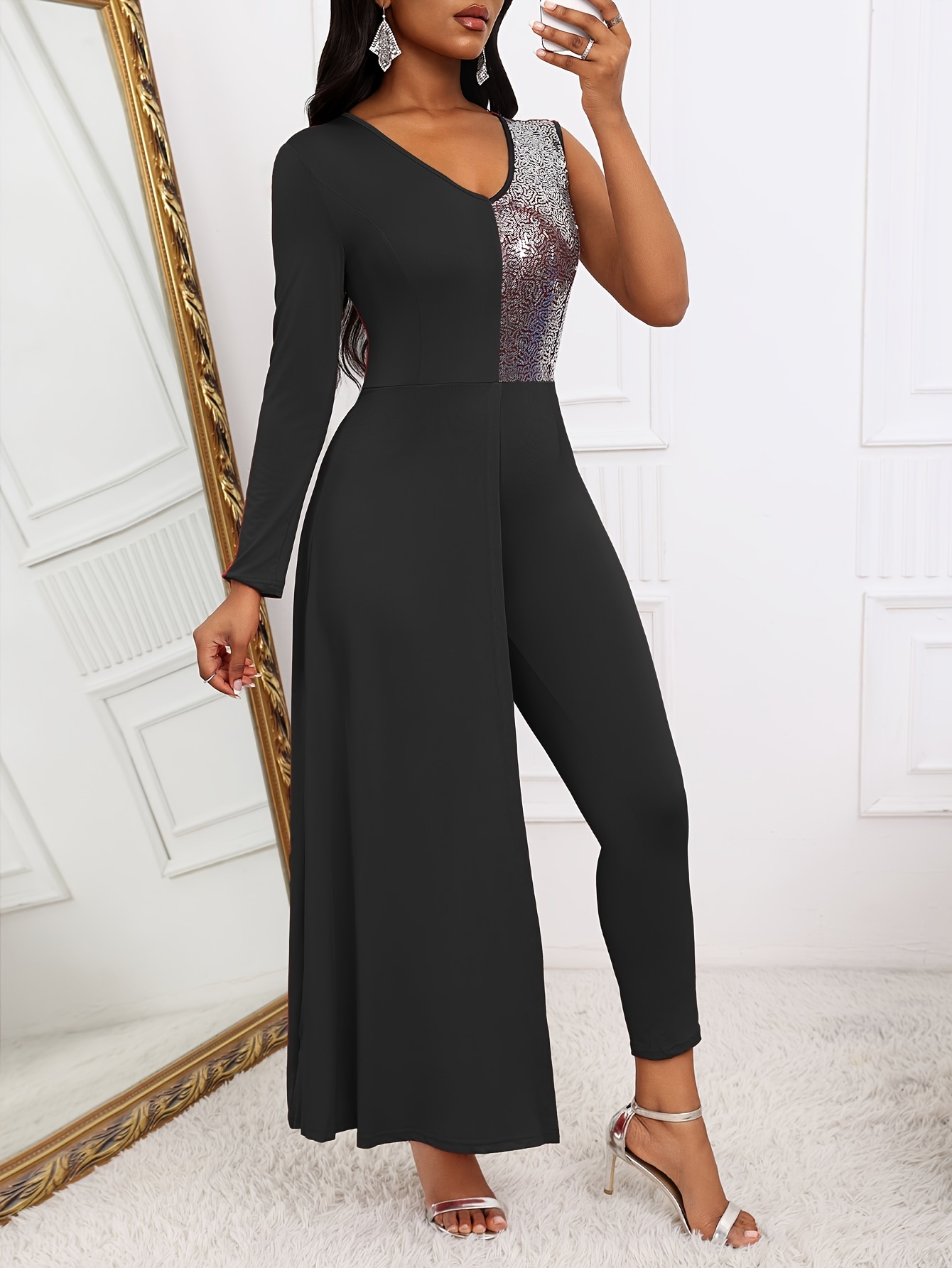 One Shoulder Sequined Jumpsuit Elegant Plunging V neck Asymmetrical Jumpsuit For Party Women s Clothing