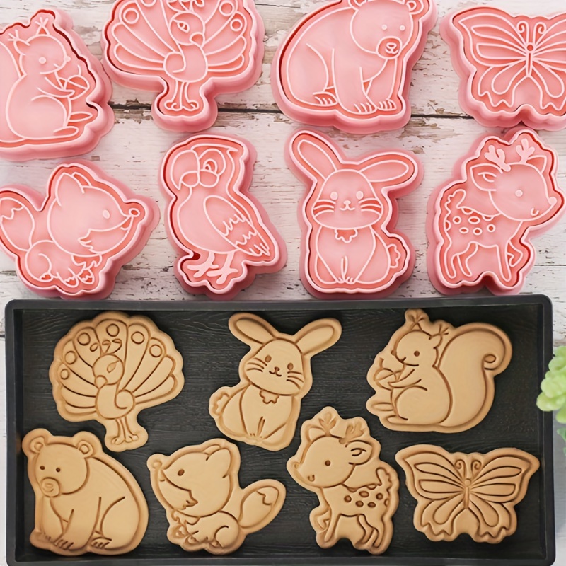 

8pcs Forest Animal Biscuit Mold, Bear Peacock Rabbit Cookie Cutter, Stamp 3d Stereo Pastry Biscuit Embossing Diy Cake Decoration Tool, Plastic Fondant Mold, Kitchen Baking Tools, Bakeware