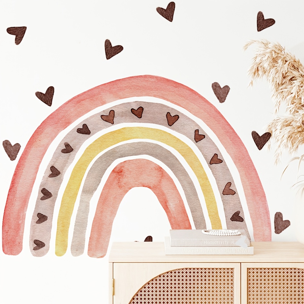 Image of Bohemian Style Watercolor Heart Rainbow Wall Decal For Bedroom, Living Room, And Hallway Decoration