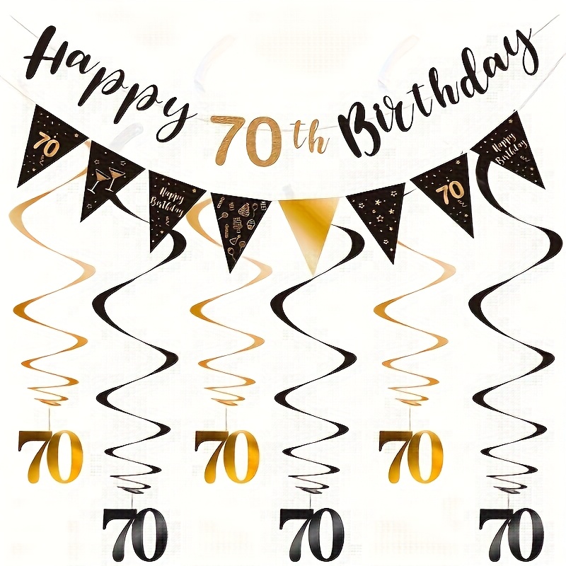 Image of 70th Birthday Decoration Set, Happy 70th Birthday Banner With Colorful Swirls And Streamers, Triangular Flags For Birthday Party Decorations In Black And Golden For The 70th Celebration