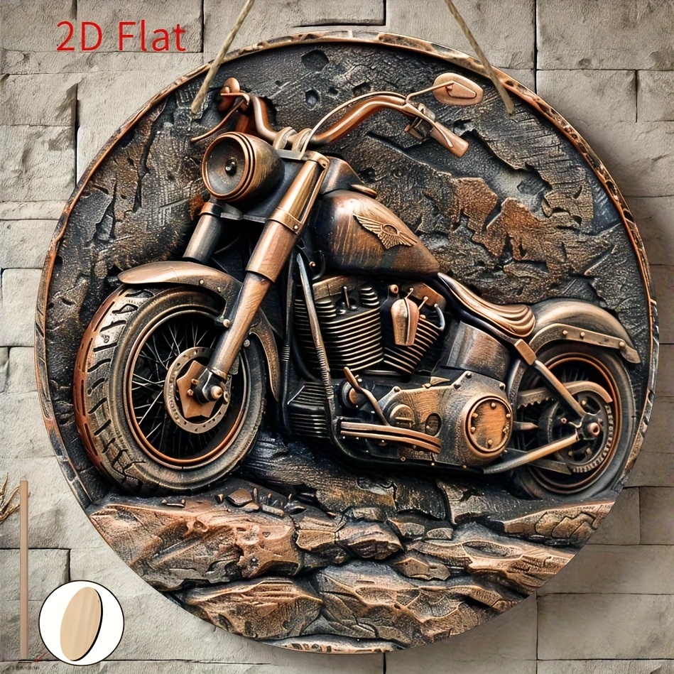 TEMU 2D Plat - Impression 2D Plate, Article Unique, Décoration de Panneau en Bois Circulaire, Design Moto, Idéal pour Bar, Cuisine, Café, Maison,