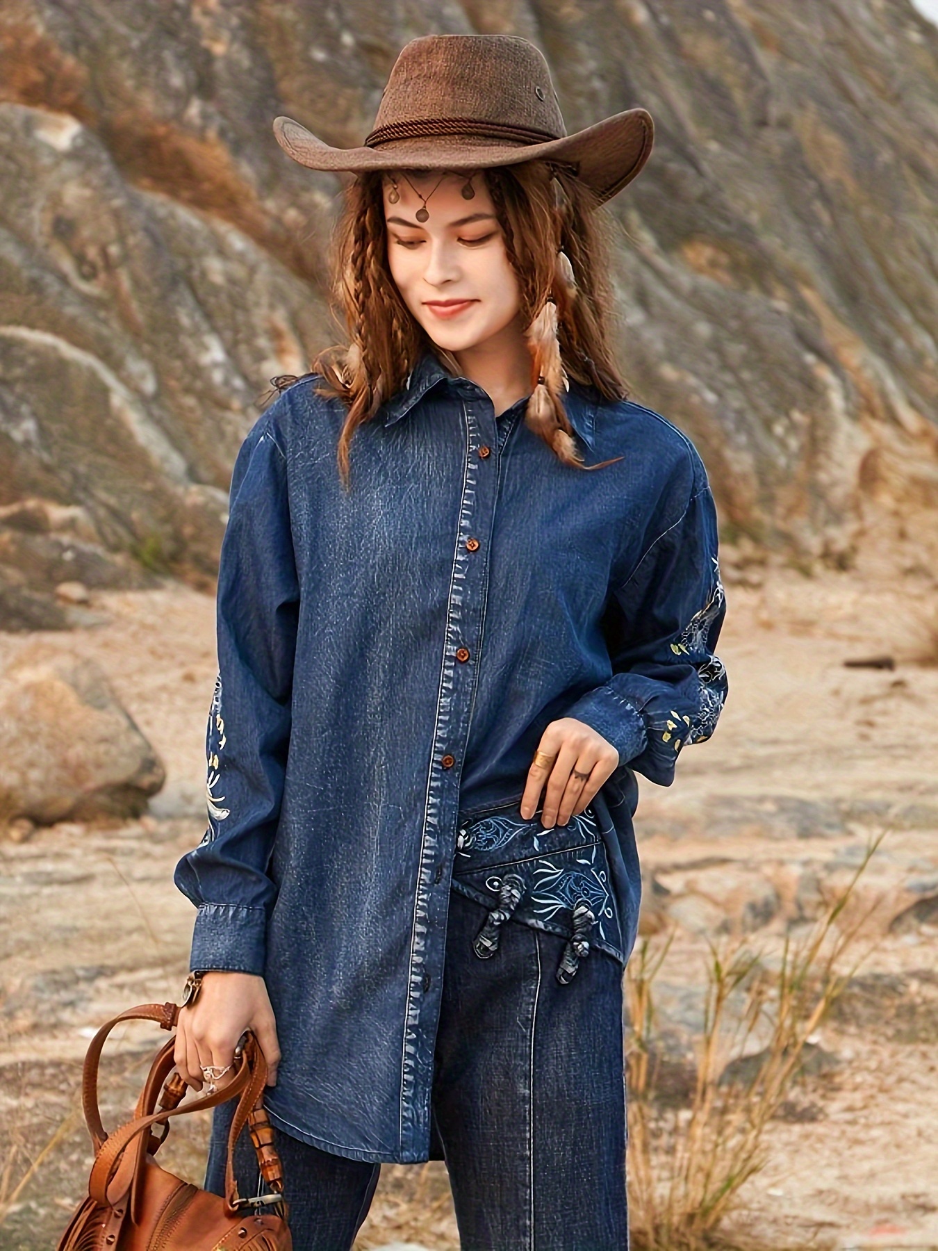 Kleding Vintage Overhemden Geborduurde Bloemen Gewassen Blauwe Lange Mouw  Vintage Temu, image size:800x1067