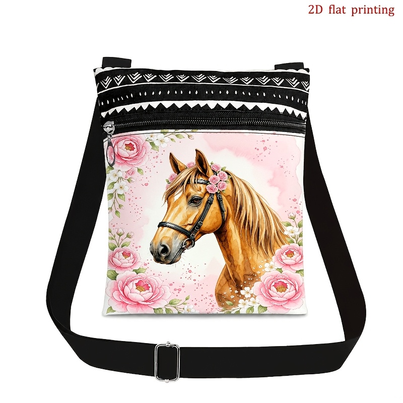 TEMU 1pc Of 2d Flat Handbag And Crossbody Bag For Men And Women, Adjustable Shoulder Strap And Zipper Closure, Watercolor Floral Print, Black