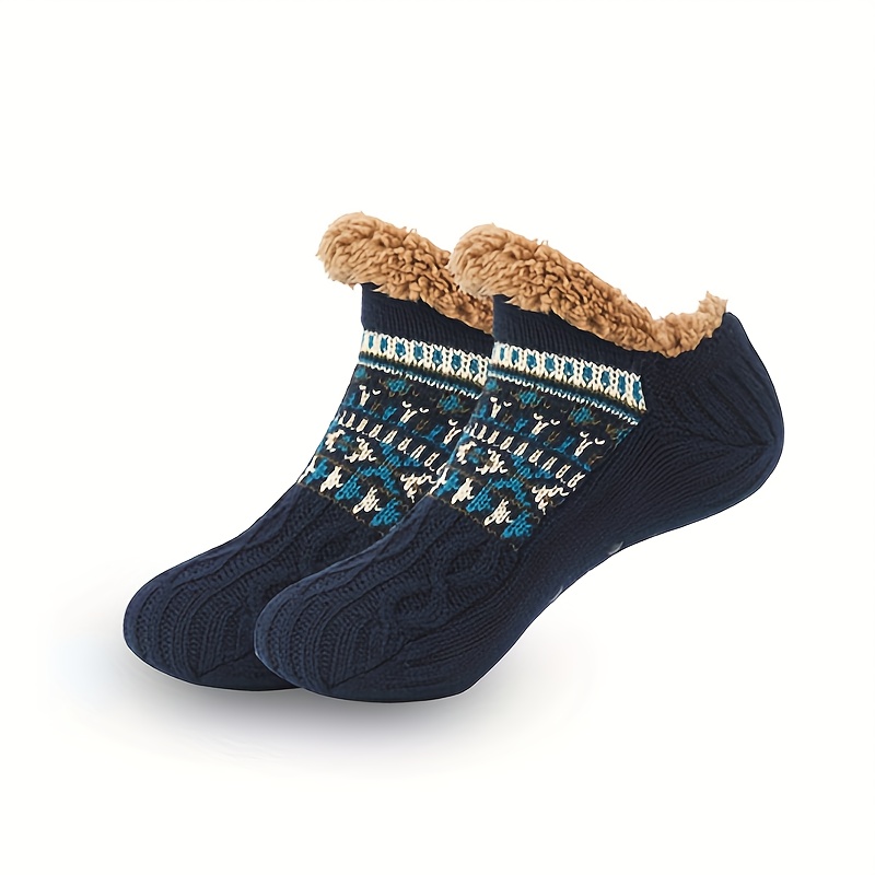 TEMU Non-slip Men's Cozy Knit Slipper Socks - Warm Fleece Lined Indoor Floor Socks With Geometric Pattern