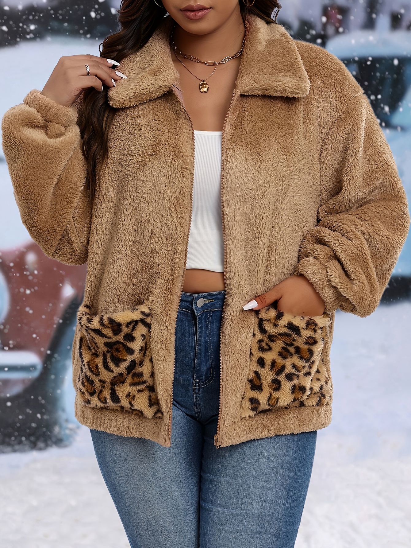 plus size casual coat women s plus colorblock leopard print Temu