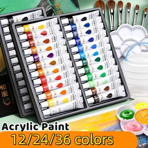 sets of acrylic paints in 12 24 or 36 colors that do not fade ideal for wood canvas rocks ceramics clothing and murals