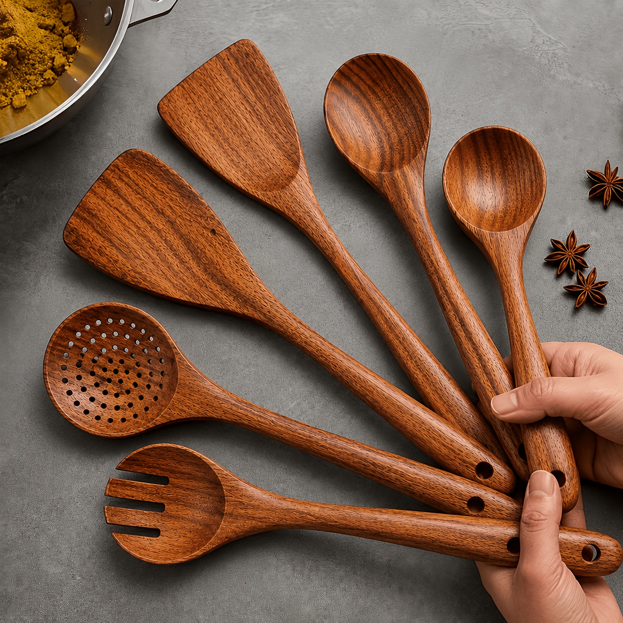 TEMU 6pcs Cookware Set, Wooden Kitchen Utensils, Heat-resistant, Including Shovel And Perforated Wooden Spoon. A Stylish And Durable Wooden