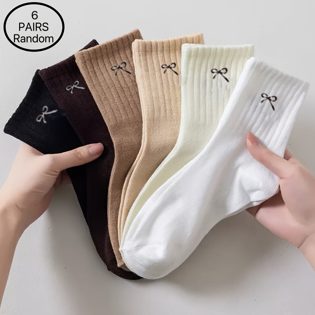TEMU 6 Pairs Of Random Styles Autumn And Winter Color Bow Mid Tube Socks For Women, Versatile And , Solid Color Mid Tube Sports Socks