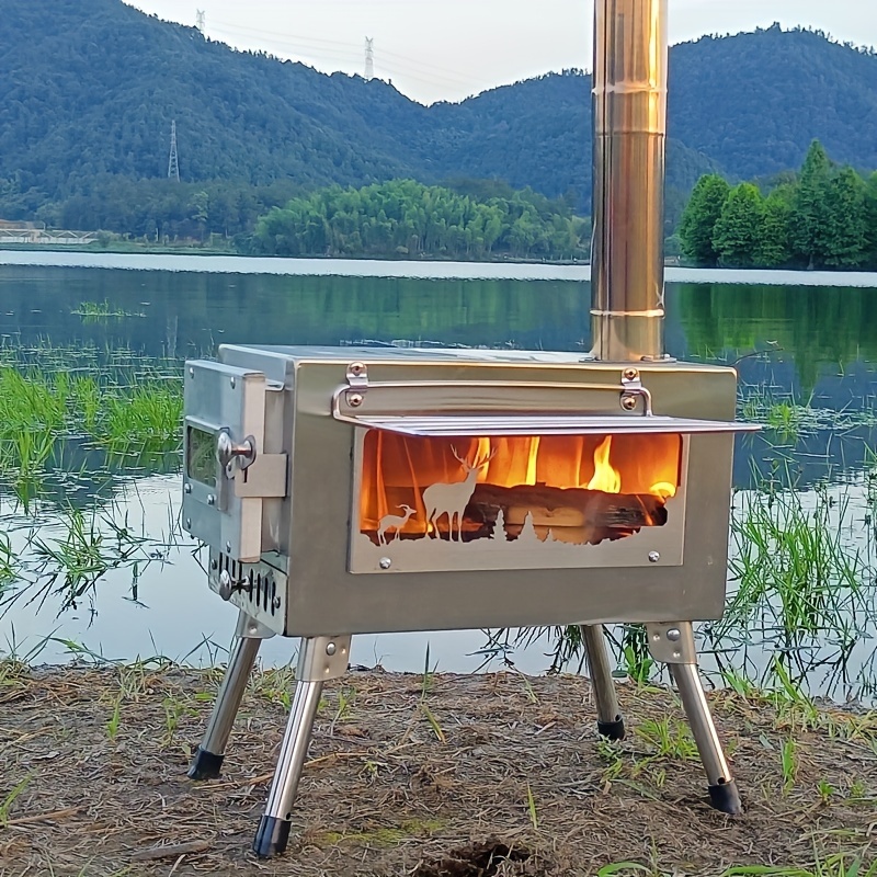 

Stainless Steel Portable Camping Tent Stove With Glass Window, Wood Burning Outdoor Fireplace, Elk Design, No Ignition, Uncharged, For Shelter, Hunting, Cooking, Warming, Christmas Festival-compatible