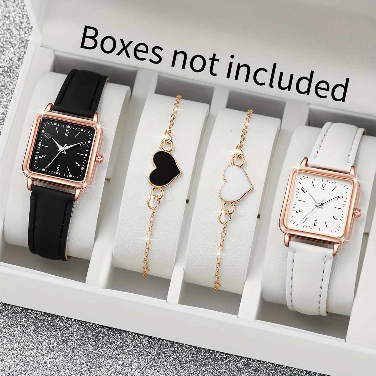 

4pcs/set Casual Square Couples Quartz Watch Analog Pu Leather Wrist Watch & Heart Bracelets, Valentine's Day Gift For Women Men