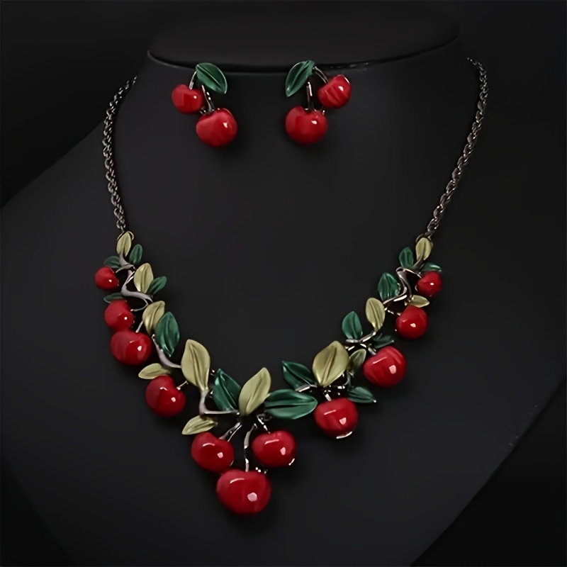 

1 Set Elegant Cherry Necklace And Earrings Set For Women - & Design, Bohemian Style Alloy Jewelry For Weddings, Parties, And Casual Attire, Wedding Accessories|cherry Motif Accessory| Color