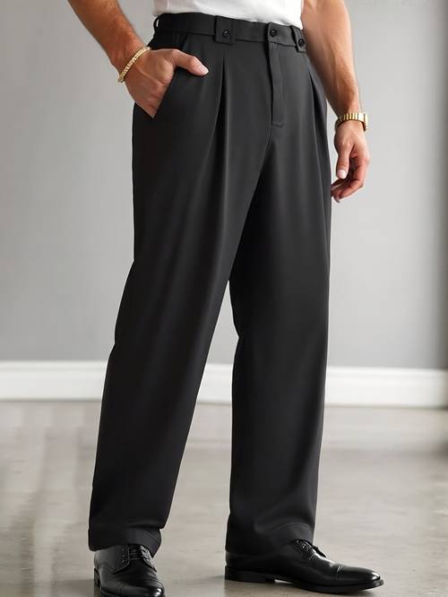 mens drapey black trousers with double button design and high waist detail suitable for office light formal wear and daily front panel features 3 s semi elastic waistband