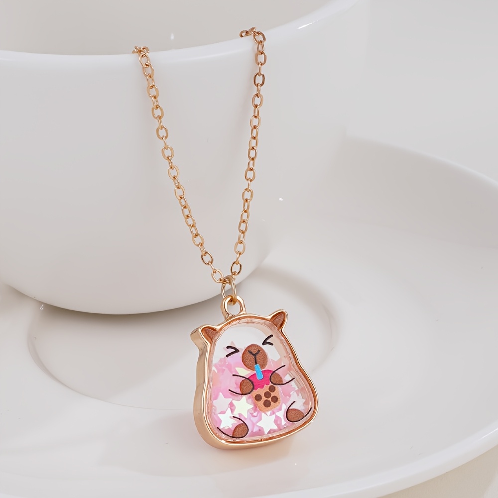 TEMU 1pc Capybara Shaker Pendant Necklace With Glitter, Adjustable Chain Necklace Set For Girls, Cute Fashion Jewelry For Kids, Perfect For Music