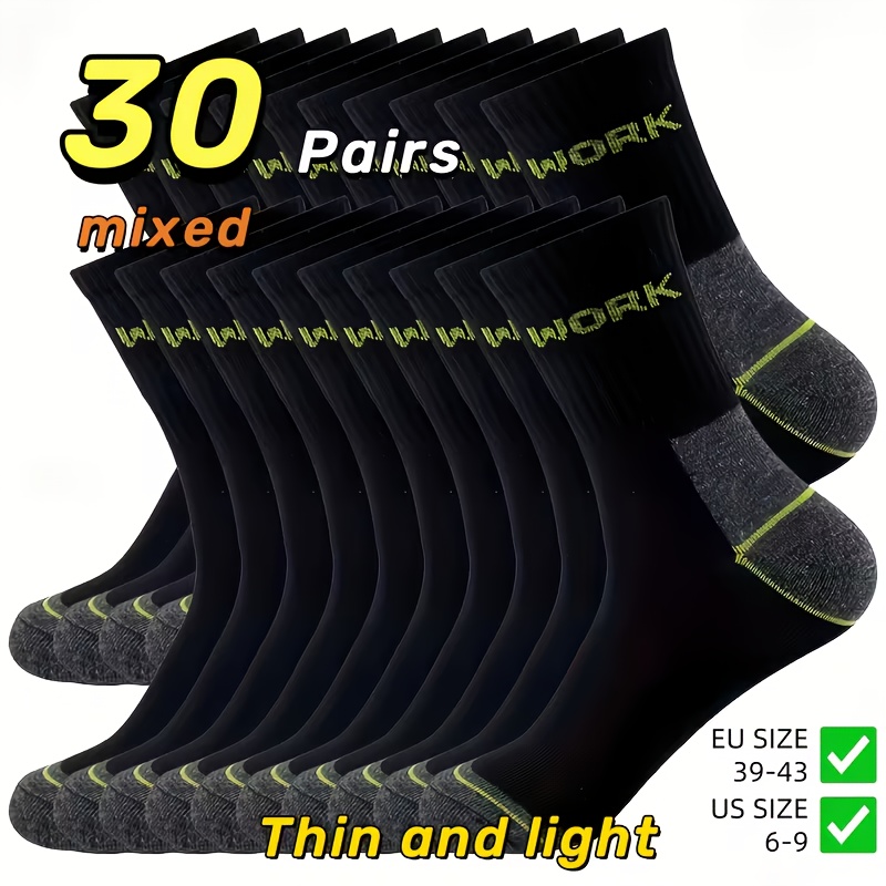 E-shop 30 Paar atmungsaktive, mittelhohe Sportsocken für Herren - Feuchtigkeitstransportierende Sportsocken mit WORK Buchstaben Design, elastische