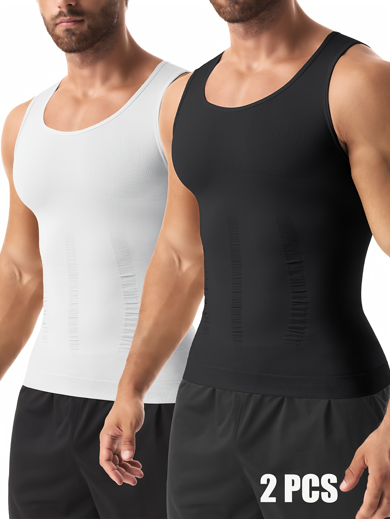 item picture 2 pc mens body shaper vest   compression undershirt body shaper and back support abdominal control nylon breathable material gray blue