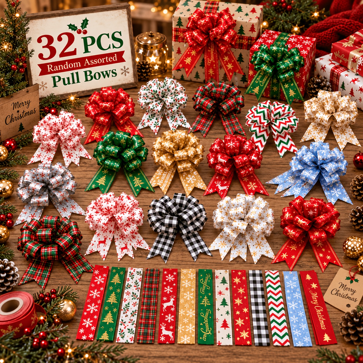 TEMU 32 Christmas Bows, Easy To Pull Bows, Christmas Gift Random Patterns, Christmas Gift Packaging Bows, Gift Boxes, Baskets, Holiday Party