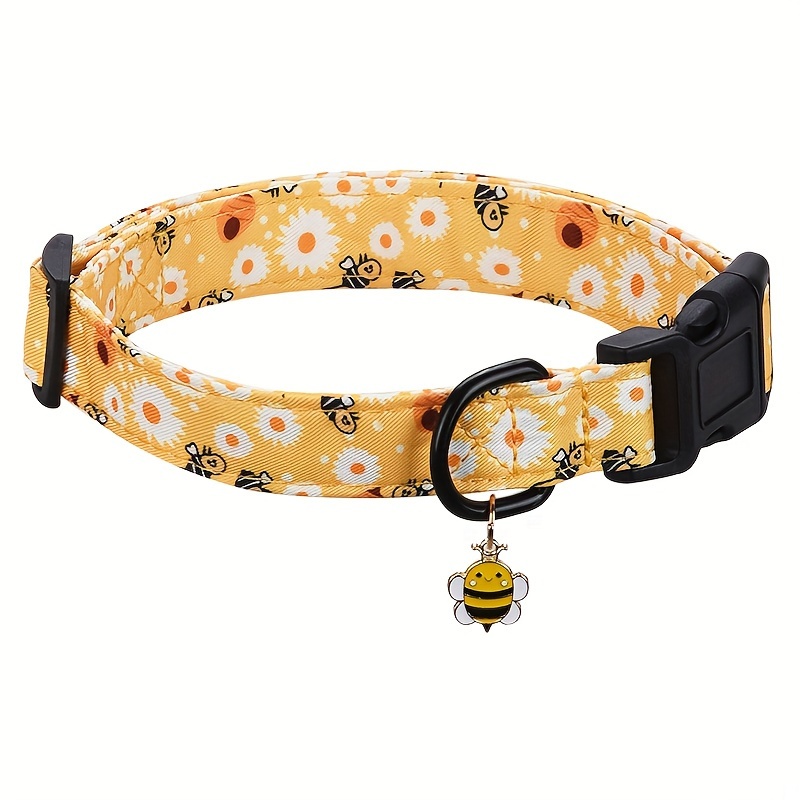 

Adjustable Bee & Dinosaur Print Dog Collar With Bell - Durable Polyester, Non-electric Pet Accessory