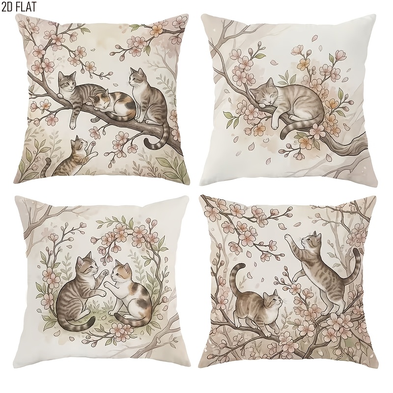 TEMU 4pcs Gentle Retro Watercolor Peach Cherry Kitten Pattern Throw Pillowcase, Linen With Zip Back Pillowcase, Living Room Sofa Bedroom Bedside