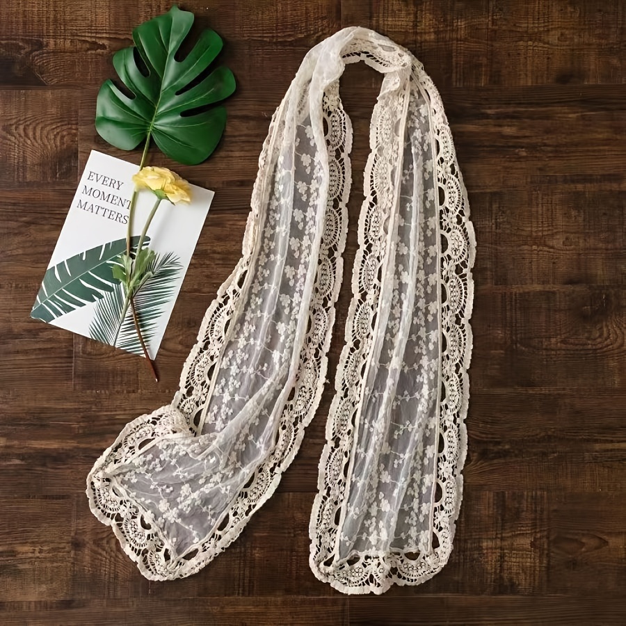 Image of Elegant Beige Lace Tassel Scarf For Women - Sophisticated Floral Embroidery, Lightweight & Breathable Shawl - Ideal For Fashion Accessory &