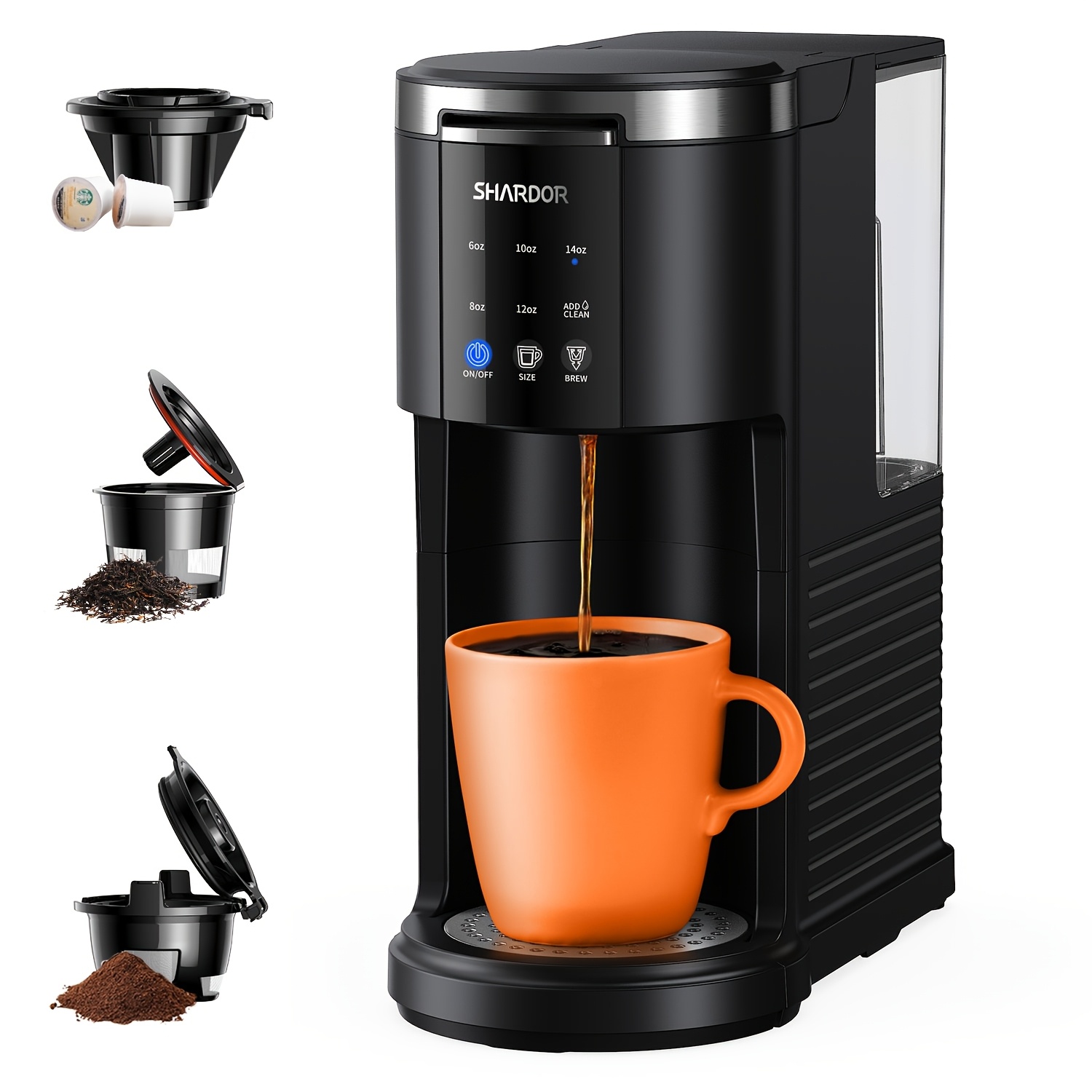 SHARDOR 3-In-1 Single-Serve Coffee Machine, K-Cup Coffee Maker Compatible with Ground Coffee & Teas, 6 to 14 Oz Brew Sizes, 40 Oz Removable Water Tank, Descaling Settings, Black