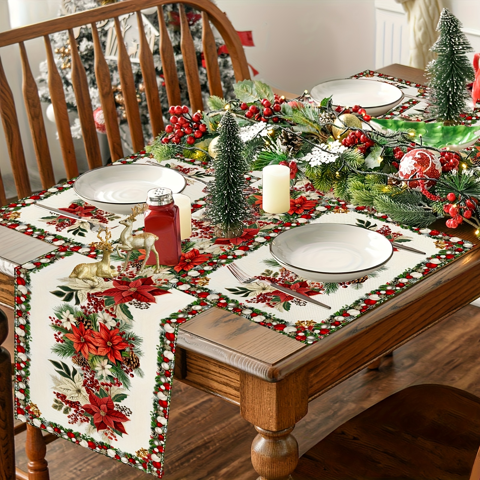 Weihnachtstischläufer 33x183 Cm – Mit Zwergen & Weihnachtsbäumen, Polyester, Für Drinnen & Draußen