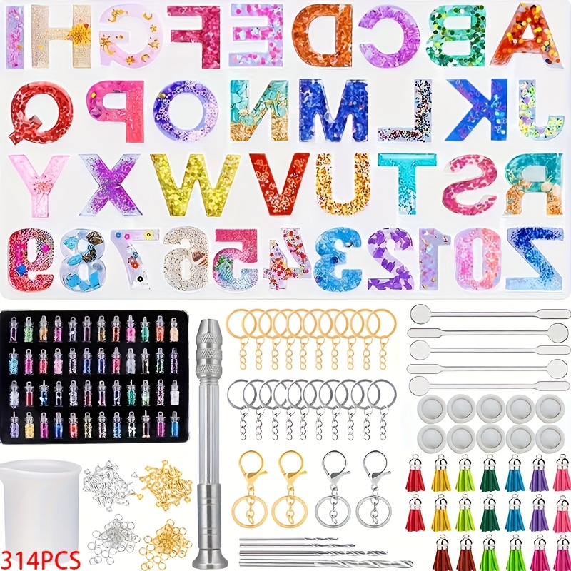 Image of 314pcs Alphabet Silicone Resin Molds Set - Number Epoxy Jewelry Making Kit With Hand Drill, Drill Bits, Keychain, Screw Pins For Pendants, Key Rings Crafting