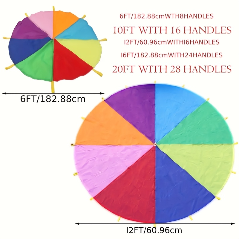 TONELAB Rainbow Parachute with Handle - Colorful Outdoor Activity for Teamwork, Family Fun & PE Equipment, Perfect for Youngsters, School Gym Classes, Halloween, Christmas & Thanksgiving