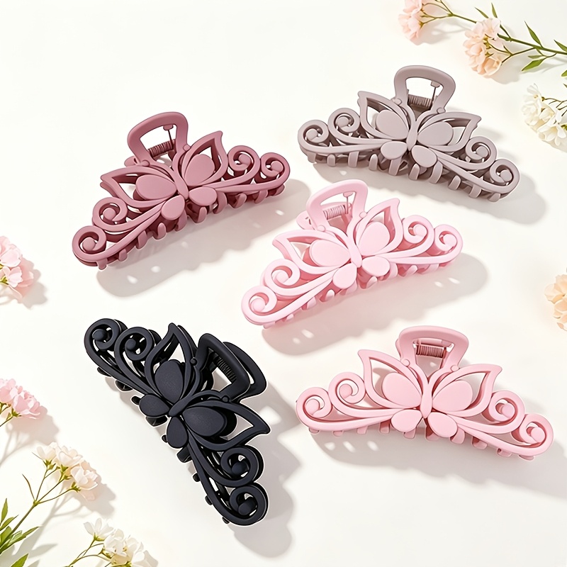 TEMU Lot de 5 pinces à griffes vintage ajourées papillon pour femme, grandes pinces requin à mate, pinces à cheveux sécurisées antidérapantes,
