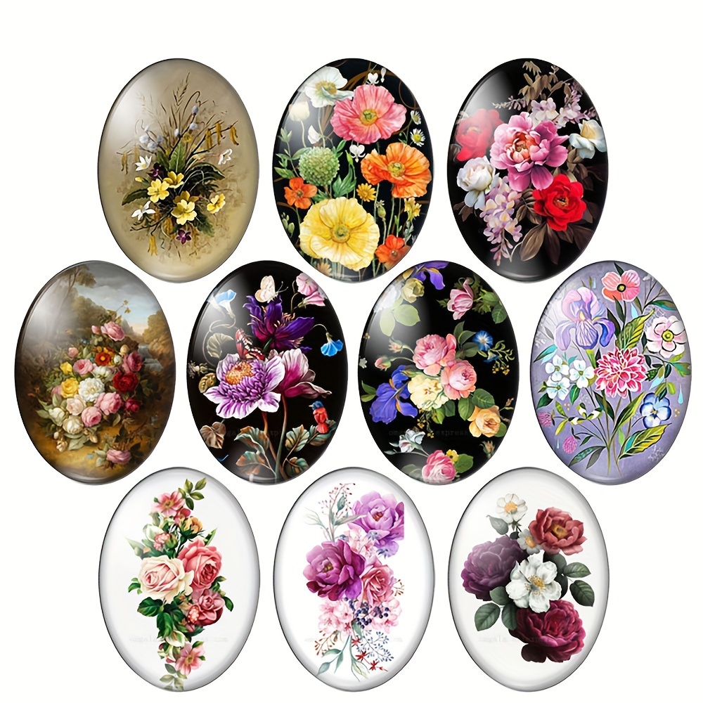 

Vintage Flowers Rose Daisy Oval Photo Glass Cabochons - 10 Pcs, 18x25mm, Flat Back, Jewelry Making Findings - Omgala