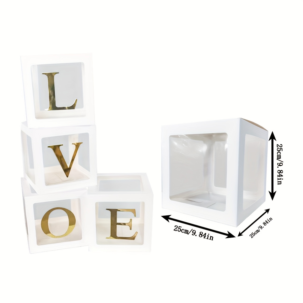 E-shop 4 Stück Goldene LOVE Buchstaben Transparente Ballonboxen - 25cm Weiße Kartonschachteln für Geburtstag, Hochzeit, Valentinstag & Partydekoration