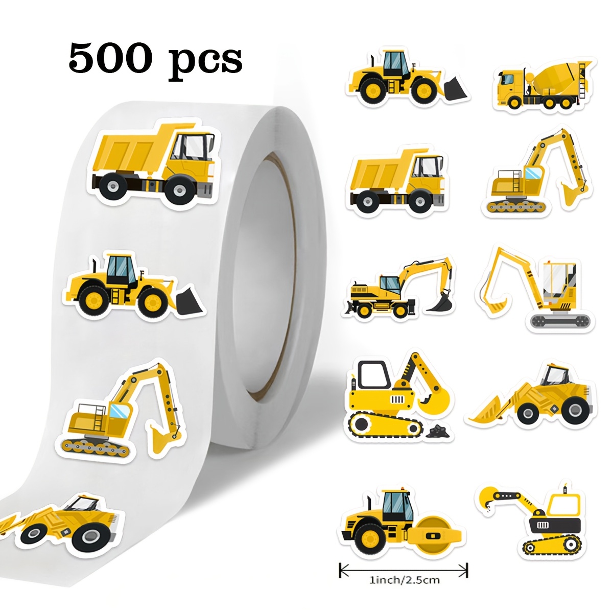 Image of 500 Sheets/roll Cartoon Construction Vehicle Self-adhesive Roll Stickers, Tape For Gifts, Envelopes, Diy Decoration, Pvc Sealing Stickers